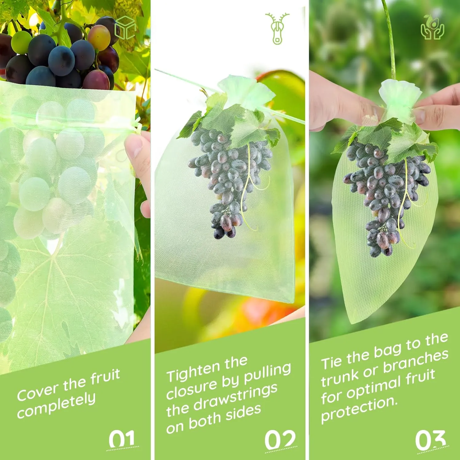 100 Pcs 3 Sizes Fruit Protective Bags, Garden Netting Green Bags for Fruits & Vegetables, Deer Netting Mesh Bag Drawstring, Green Bags for Produce Mango Tree Apple Tree Fruit Trees Flower