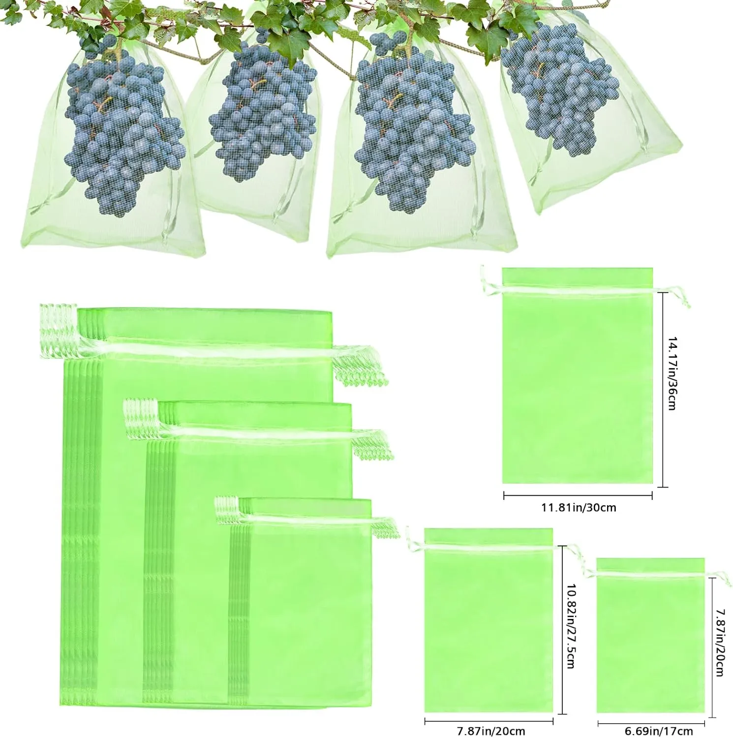 100 Pcs 3 Sizes Fruit Protective Bags, Garden Netting Green Bags for Fruits & Vegetables, Deer Netting Mesh Bag Drawstring, Green Bags for Produce Mango Tree Apple Tree Fruit Trees Flower