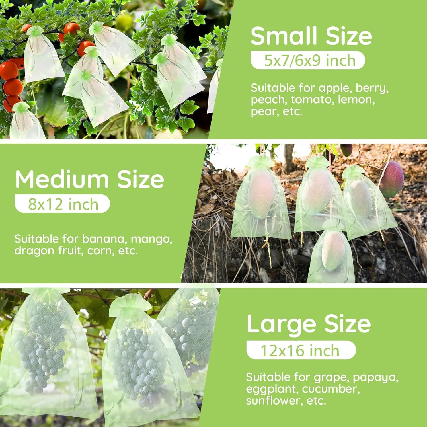 100 Pcs 3 Sizes Fruit Protective Bags, Garden Netting Green Bags for Fruits & Vegetables, Deer Netting Mesh Bag Drawstring, Green Bags for Produce Mango Tree Apple Tree Fruit Trees Flower