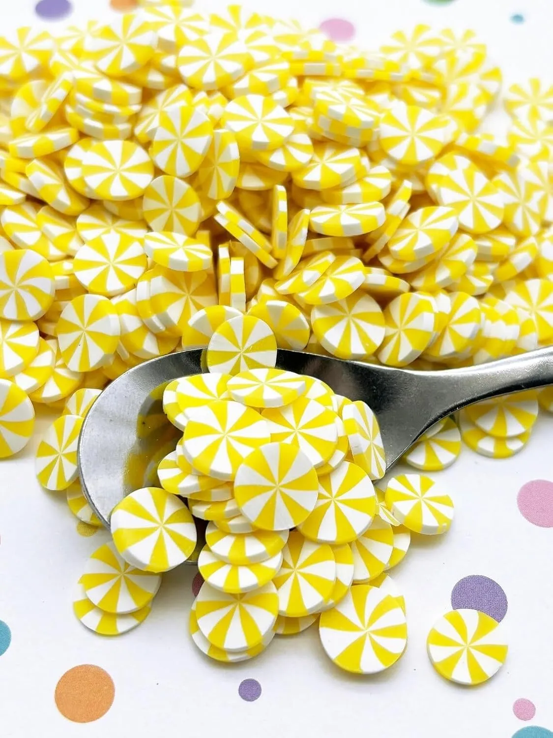 10mm Lemon Yellow Peppermint Polymer Clay Sprinkles, Large Fake Candy Slices for Crafts, Miniature Faux Mint for Fake Bake, Slime, Nail Art, Decoden (100 gram Bag)