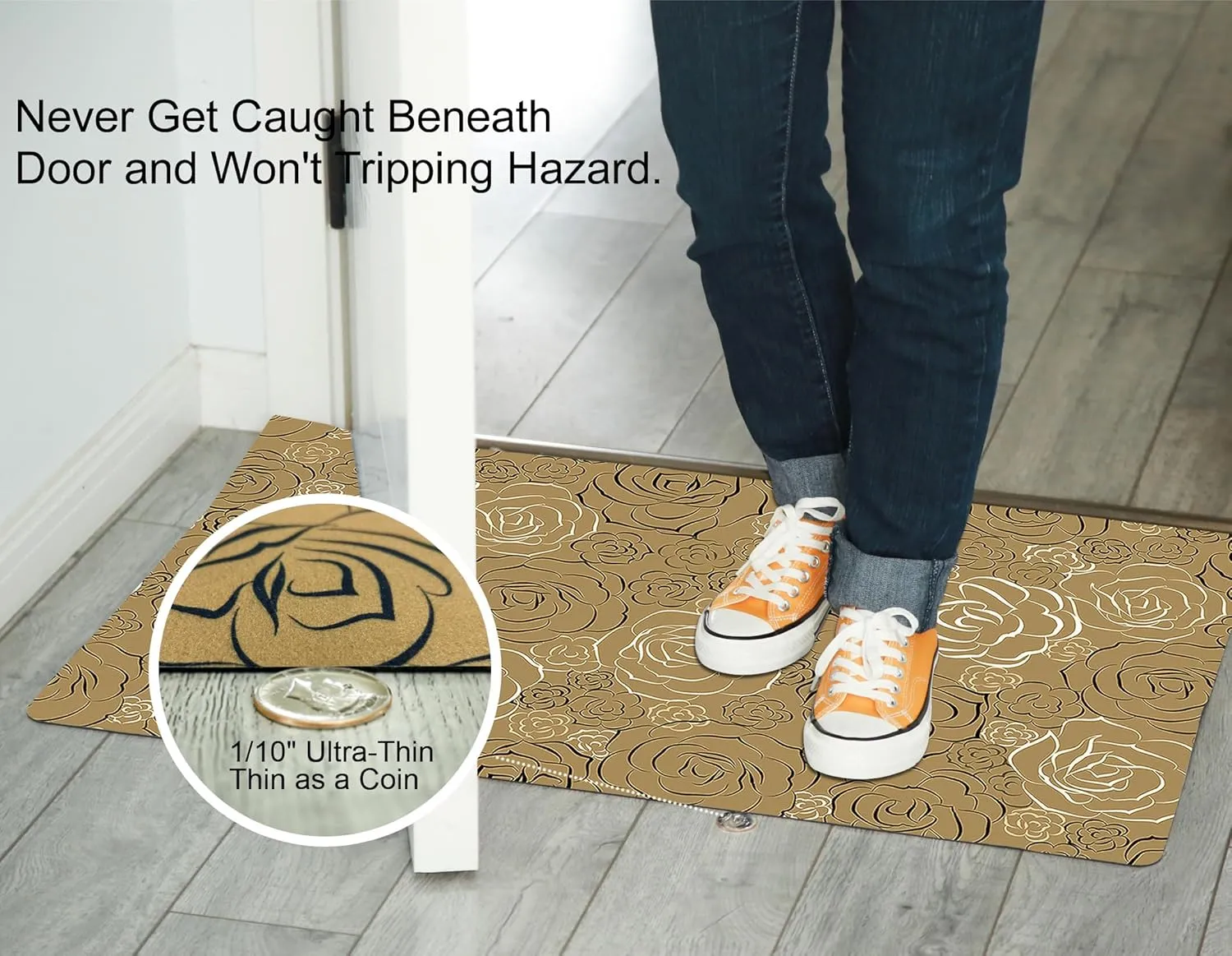 1/10 Inch Ultra Thin 24"×35" Large Front Door Mat Indoor Entrance Inside Non Slip, Waterproof Rubber Kitchen mat and Interior Home Washable Door Mat, Tan Brown