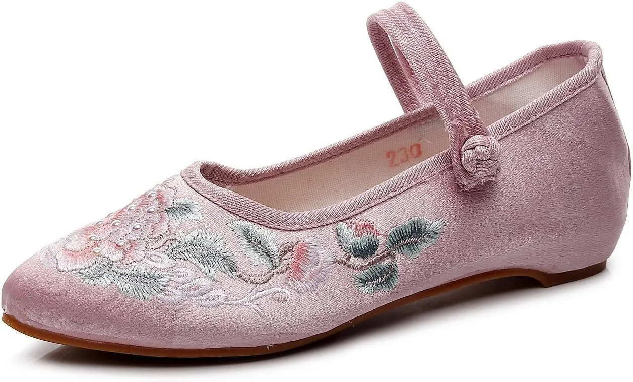 2024 Chinese Style Old Beijing Pointed Toe Cloth Shoes Retro Classic Ethnic Style Embroidered Flower Flat Shoes Antique Cheongsam Hanfu Shoes for Women(Color:Pink,Size:6.5)