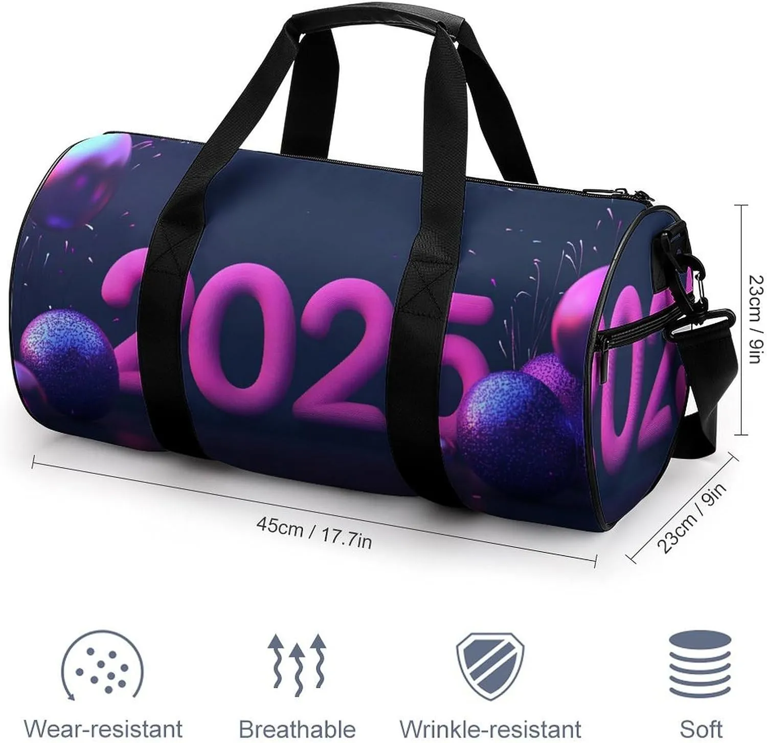 2025 Travel Gym Bag for Women Men With New Year's Style Cylindrical Duffle Bag Sport Workout Bag with Shoulder Strap