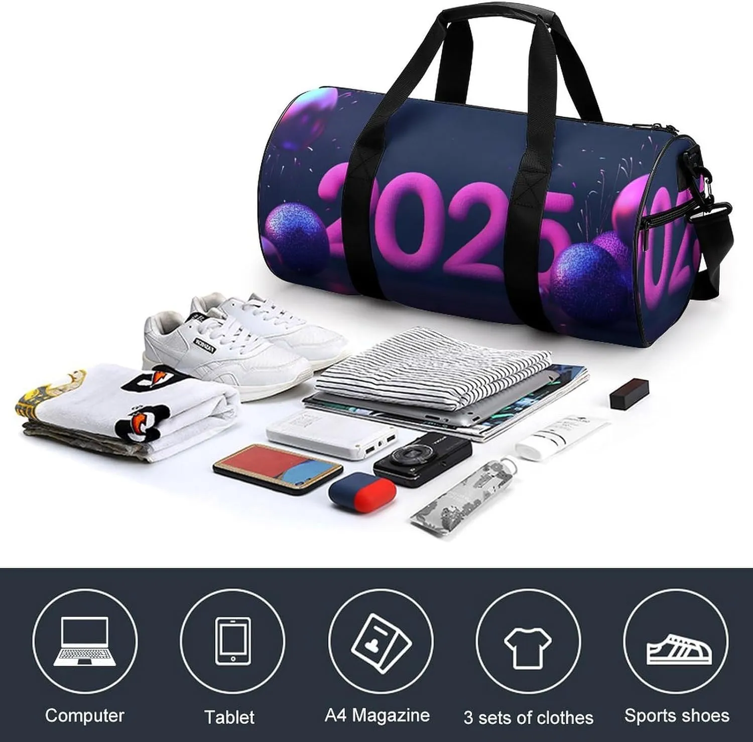 2025 Travel Gym Bag for Women Men With New Year's Style Cylindrical Duffle Bag Sport Workout Bag with Shoulder Strap