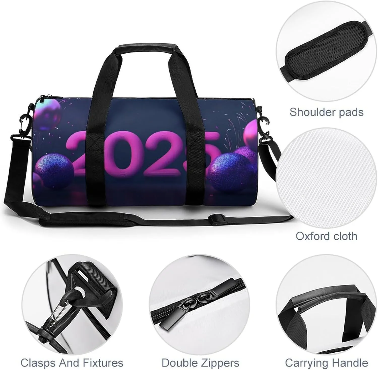 2025 Travel Gym Bag for Women Men With New Year's Style Cylindrical Duffle Bag Sport Workout Bag with Shoulder Strap