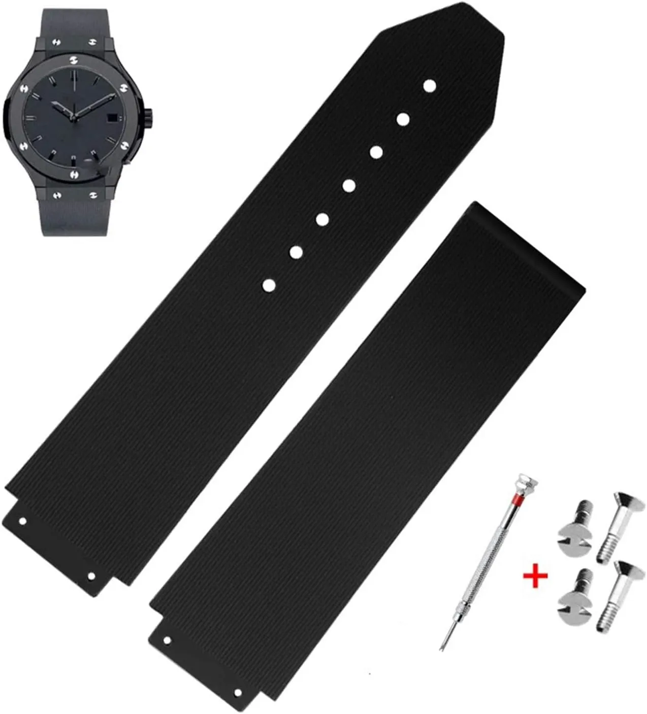 21mm Rubber Watch Strap with Replacement Band Tool for Hublot Big Bang (Black Stripe - No Buckle)