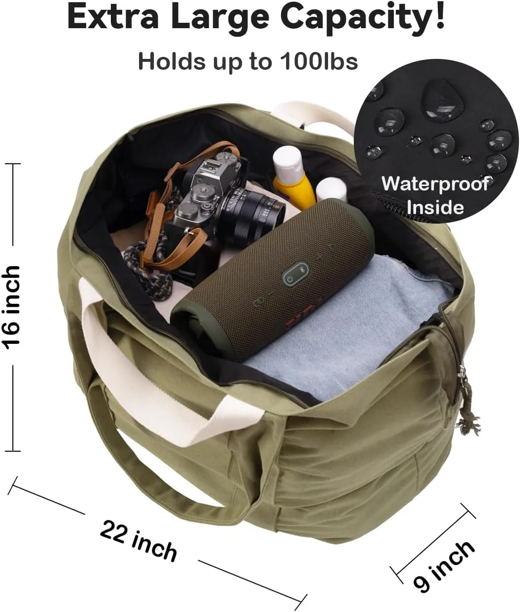 22'' 50L Large Canvas Bag, Extra Large Tote Bag for Women, Oversized Bag, Overnight Bags for Women Travel Green