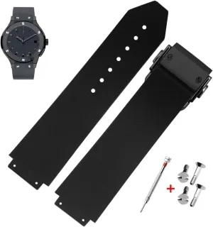 25mm Rubber Watch Strap with Replacement Band Tool for Hublot Big Bang (Black Stripe - Black Buckle)