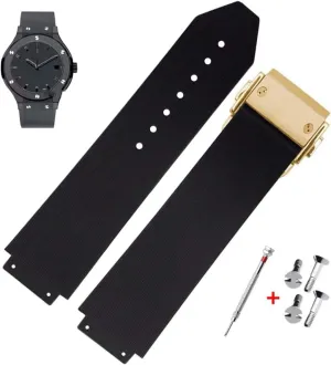 25mm Rubber Watch Strap with Replacement Band Tool for Hublot Big Bang (Black Stripe - Golden Buckle)
