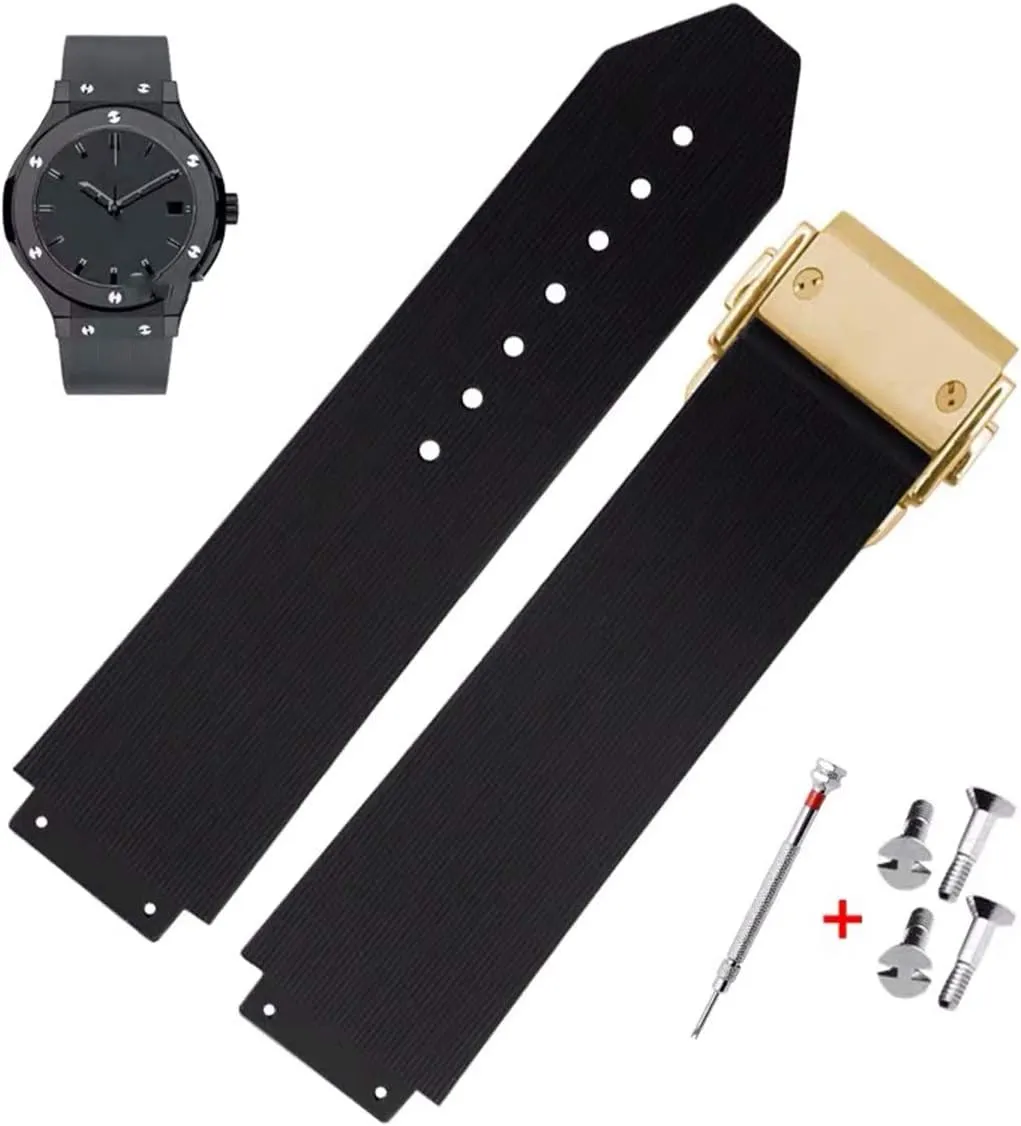 25mm Rubber Watch Strap with Replacement Band Tool for Hublot Big Bang (Black Stripe - Golden Buckle)