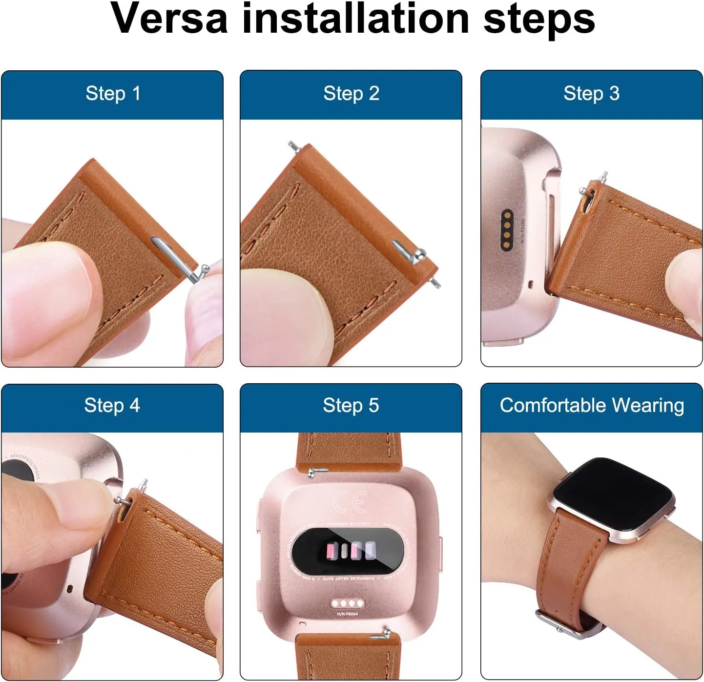 3 Pack Leather Bands Compatible With Fitbit Versa 2/Lite/SE for Women Men, Adjustable Soft Leather Replacement Strap Wristband for Smart Watch