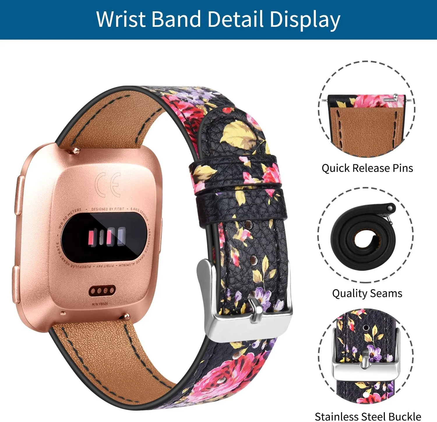 3 Pack Leather Bands Compatible With Fitbit Versa 2/Lite/SE for Women Men, Adjustable Soft Leather Replacement Strap Wristband for Smart Watch