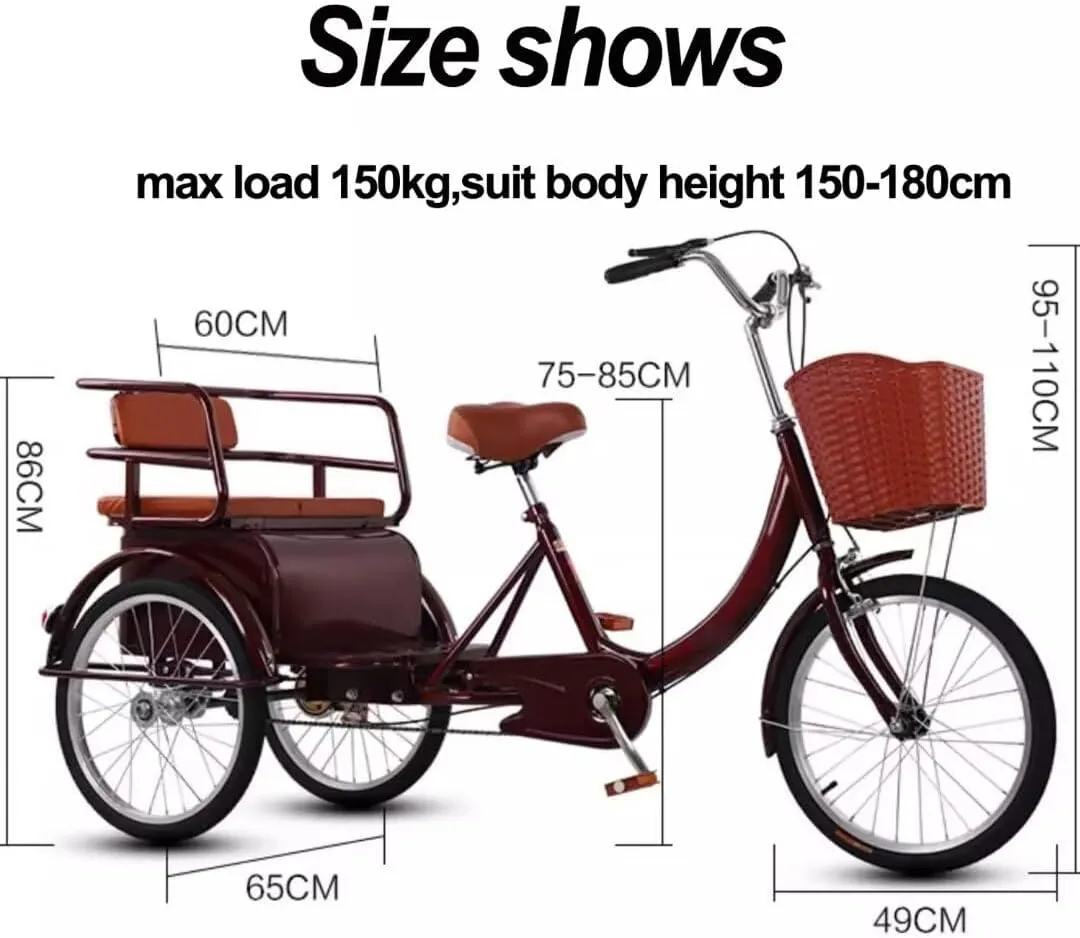3 Wheels Bicycle for Adult and Elderly,Double Person Trike with Back seat,Human Powered Rickshaw Tricycle,Front Wheel Caliper Brake,Lockable seat Cabin