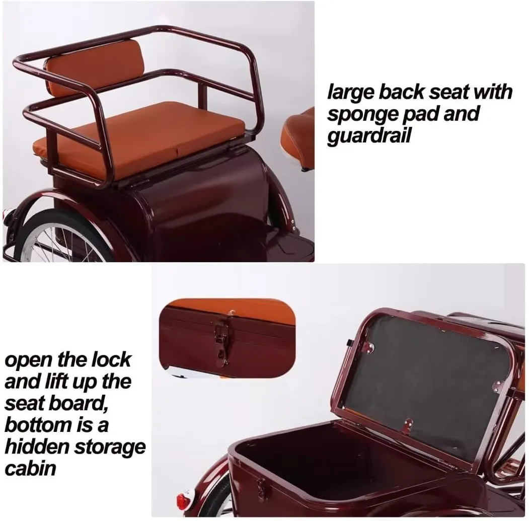 3 Wheels Bicycle for Adult and Elderly,Double Person Trike with Back seat,Human Powered Rickshaw Tricycle,Front Wheel Caliper Brake,Lockable seat Cabin