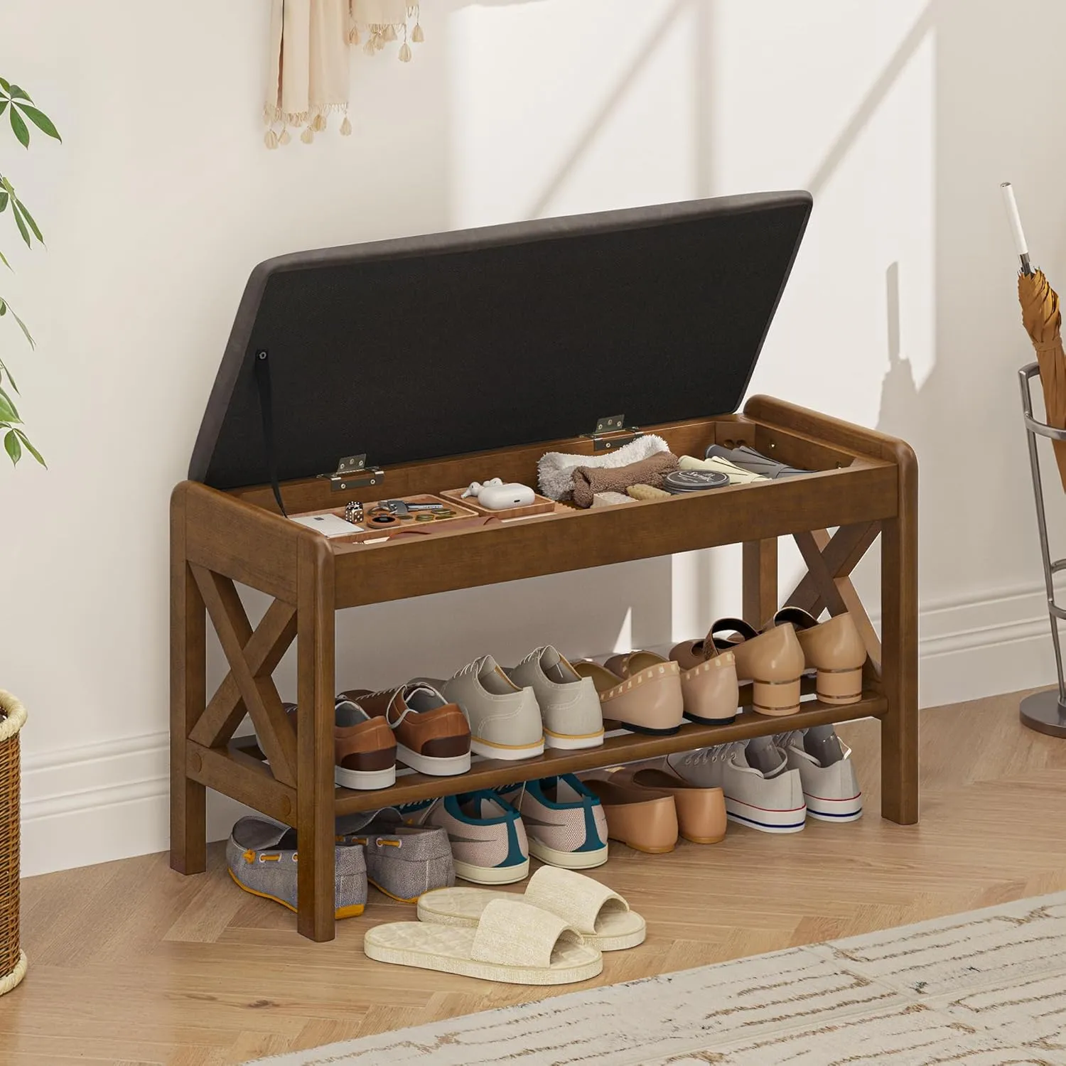 31.5" Shoe Bench with Faux Leather Cushioned Seat, Faux Leather Entryway Bench with Lift Top Storage, 2-Tier Wooden Shoe Bench Rack for Entryway, Hallway, Living Room, Bedroom, Rustic Brown