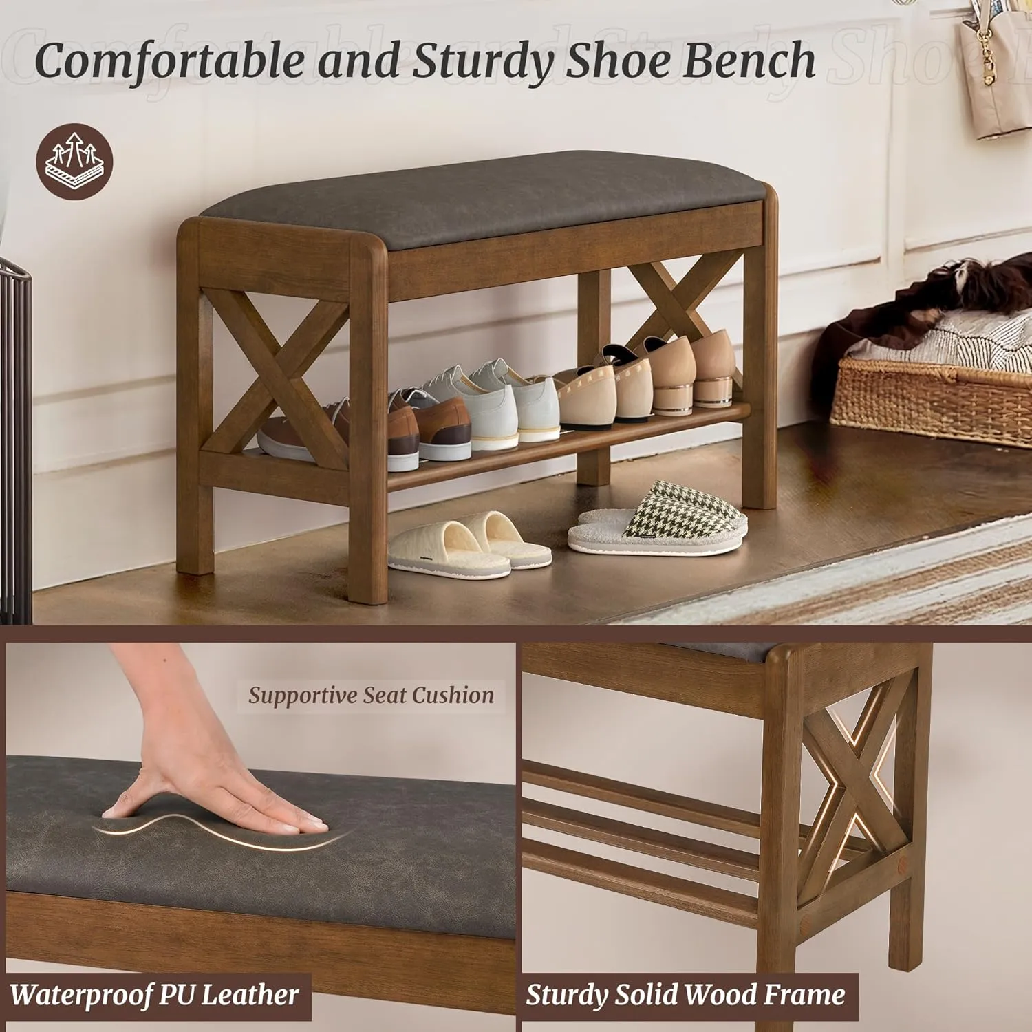 31.5" Shoe Bench with Faux Leather Cushioned Seat, Faux Leather Entryway Bench with Lift Top Storage, 2-Tier Wooden Shoe Bench Rack for Entryway, Hallway, Living Room, Bedroom, Rustic Brown