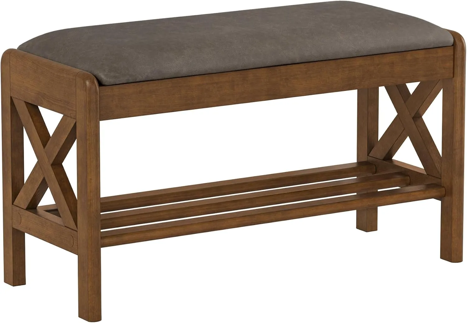 31.5" Shoe Bench with Faux Leather Cushioned Seat, Faux Leather Entryway Bench with Lift Top Storage, 2-Tier Wooden Shoe Bench Rack for Entryway, Hallway, Living Room, Bedroom, Rustic Brown