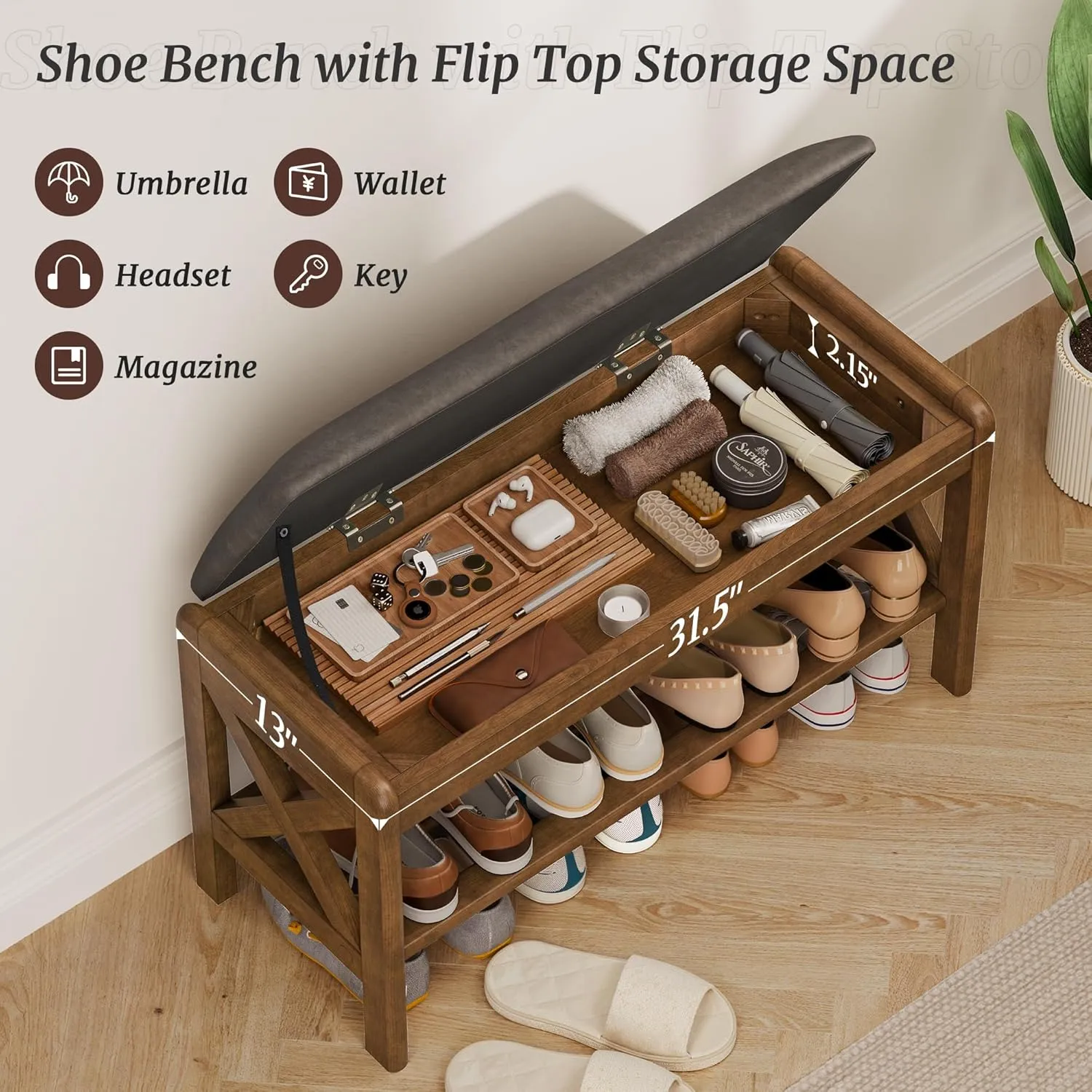 31.5" Shoe Bench with Faux Leather Cushioned Seat, Faux Leather Entryway Bench with Lift Top Storage, 2-Tier Wooden Shoe Bench Rack for Entryway, Hallway, Living Room, Bedroom, Rustic Brown