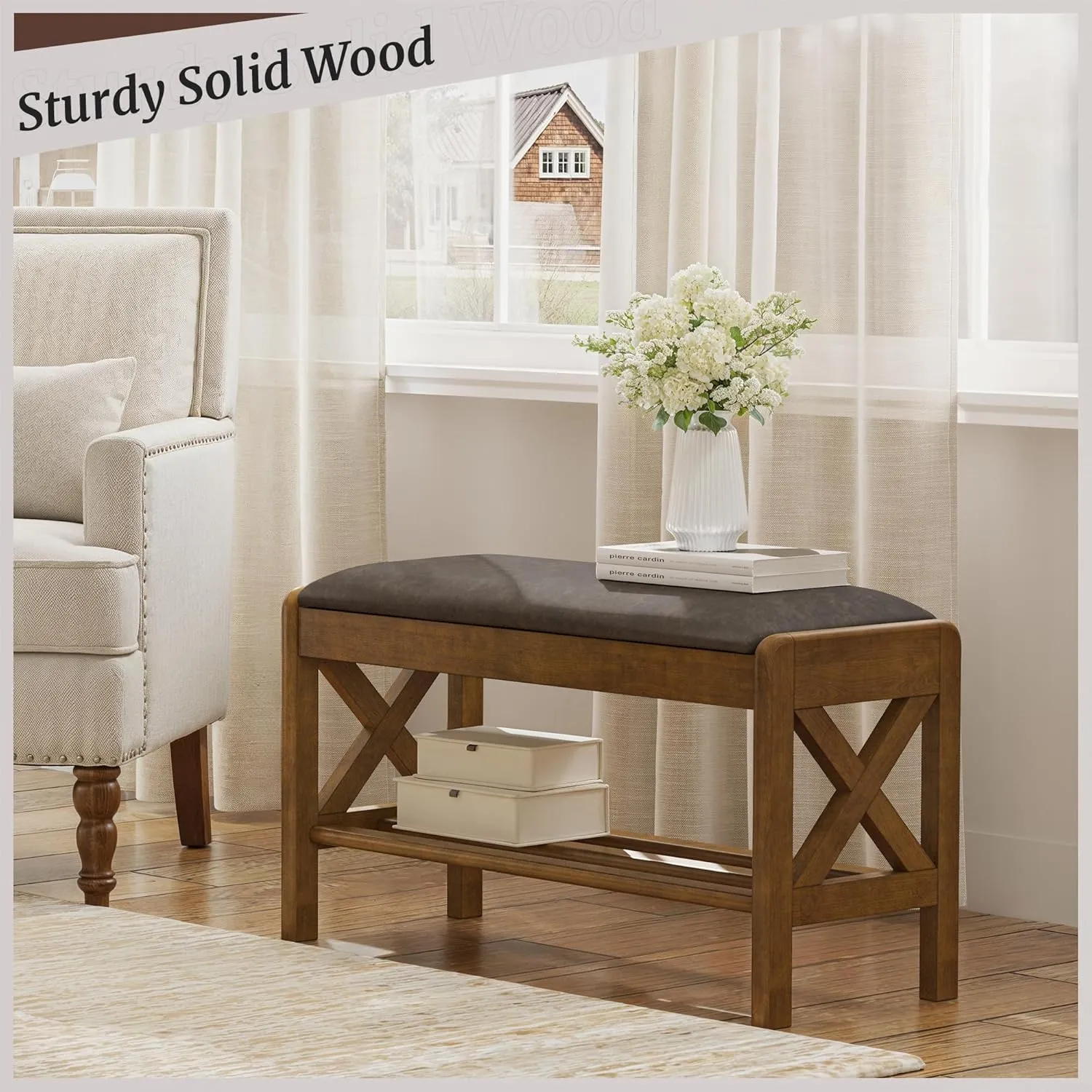 31.5" Shoe Bench with Faux Leather Cushioned Seat, Faux Leather Entryway Bench with Lift Top Storage, 2-Tier Wooden Shoe Bench Rack for Entryway, Hallway, Living Room, Bedroom, Rustic Brown