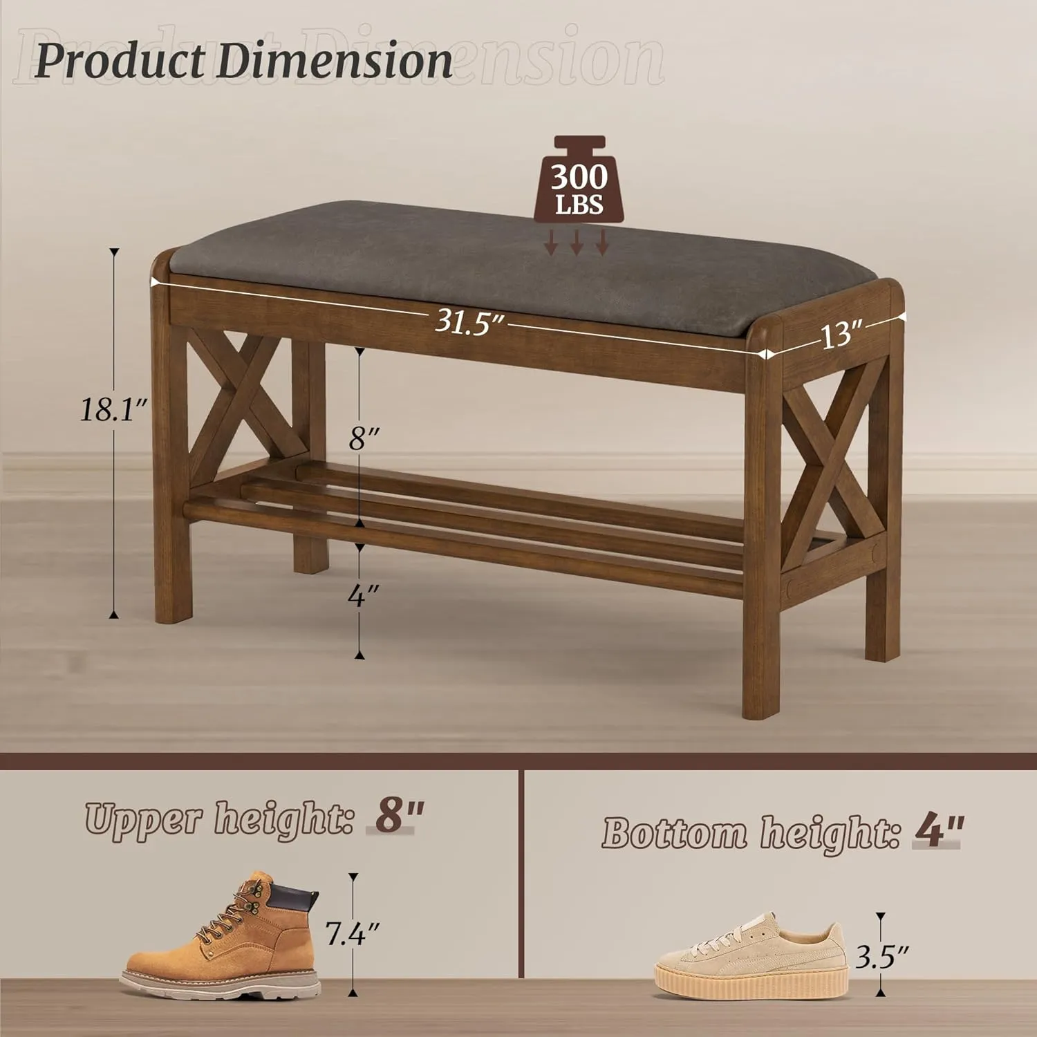 31.5" Shoe Bench with Faux Leather Cushioned Seat, Faux Leather Entryway Bench with Lift Top Storage, 2-Tier Wooden Shoe Bench Rack for Entryway, Hallway, Living Room, Bedroom, Rustic Brown