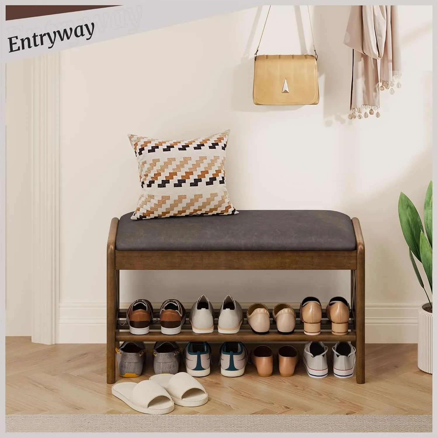 31.5" Shoe Bench with Faux Leather Cushioned Seat, Faux Leather Entryway Bench with Lift Top Storage, 2-Tier Wooden Shoe Bench Rack for Entryway, Hallway, Living Room, Bedroom, Rustic Brown
