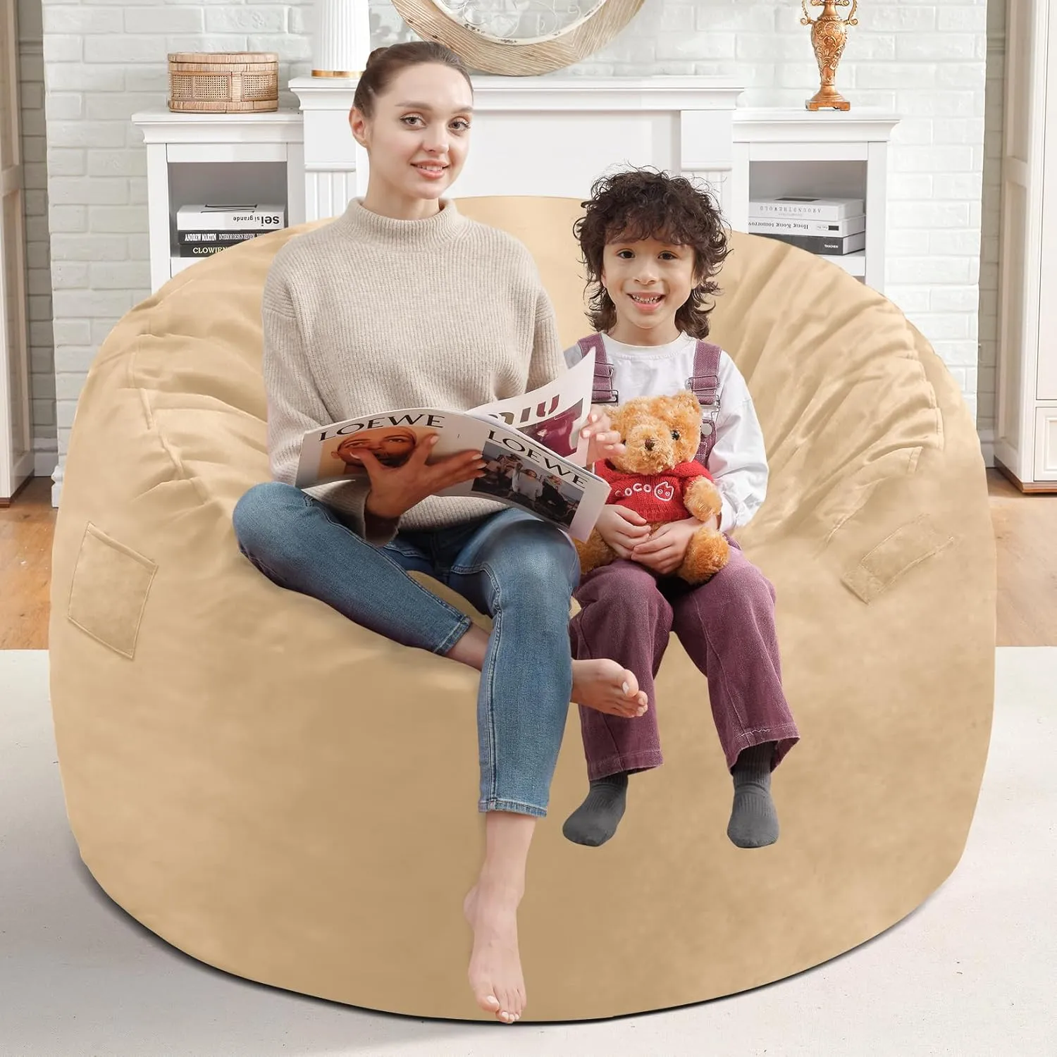 3Ft Bean Bag Chair, Memory Foam Filling Bean Bag Chairs with Velvet Cover, Removable and Machine Washable Cover, Giant Bean Bag Chair for Adult - Khaki