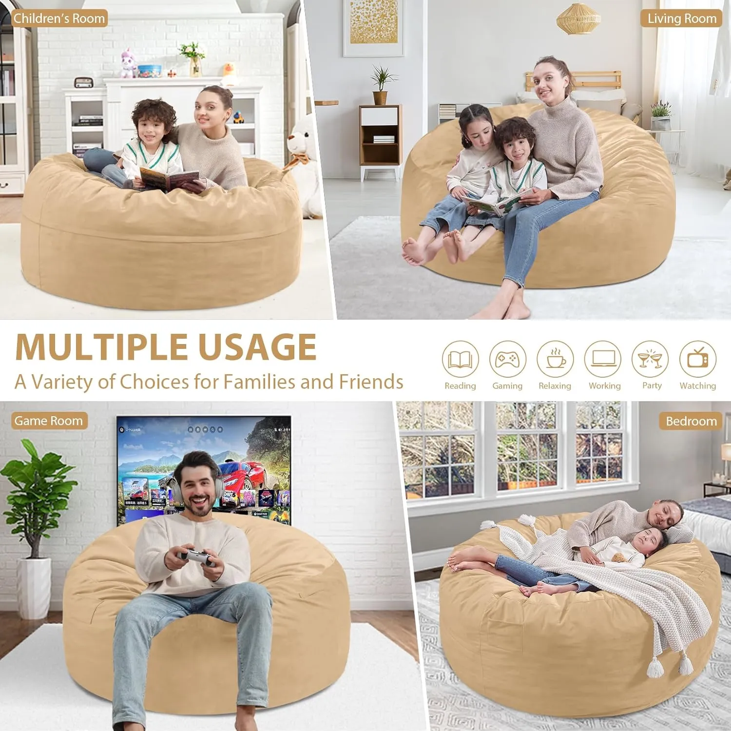 3Ft Bean Bag Chair, Memory Foam Filling Bean Bag Chairs with Velvet Cover, Removable and Machine Washable Cover, Giant Bean Bag Chair for Adult - Khaki