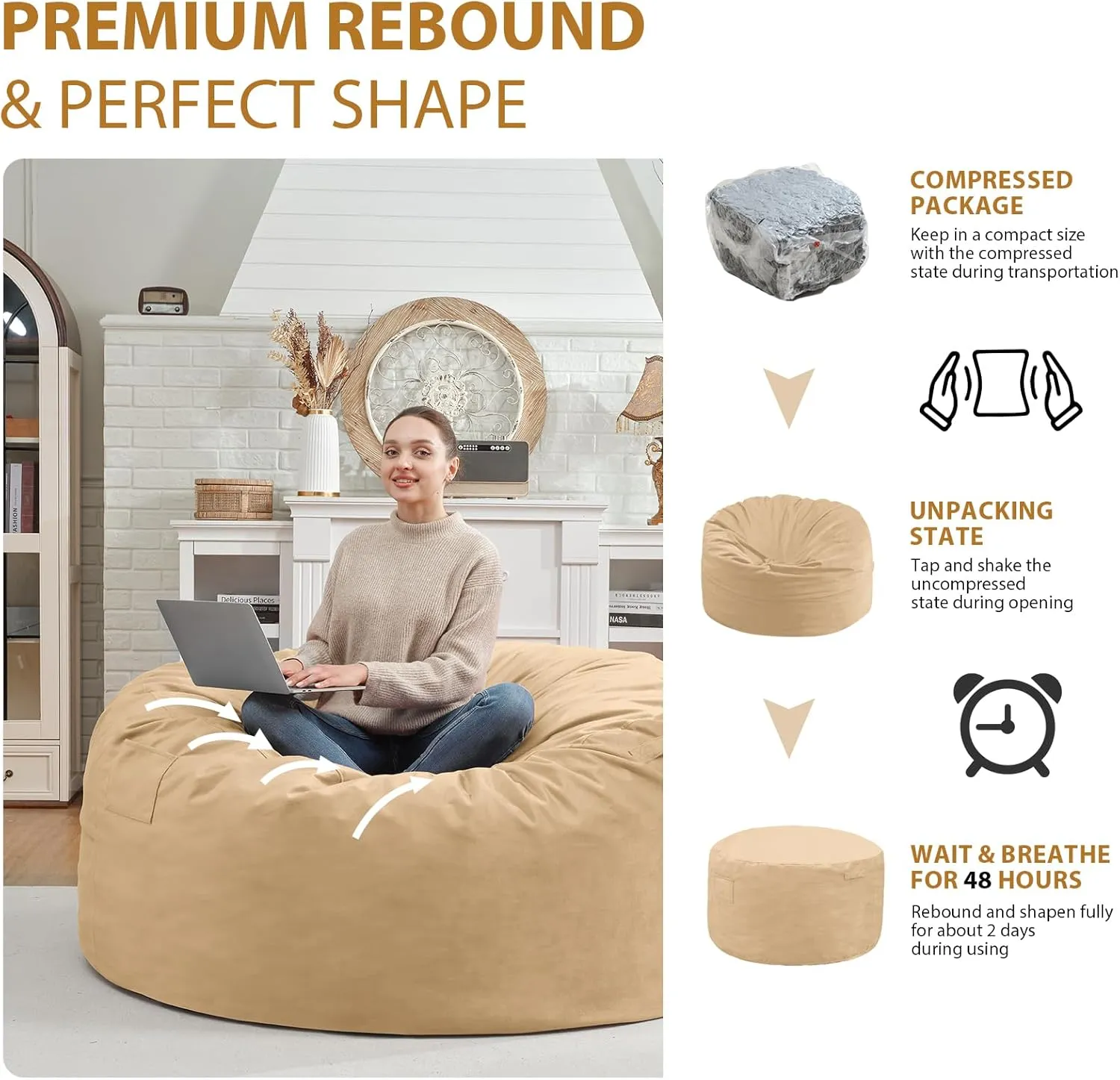 3Ft Bean Bag Chair, Memory Foam Filling Bean Bag Chairs with Velvet Cover, Removable and Machine Washable Cover, Giant Bean Bag Chair for Adult - Khaki