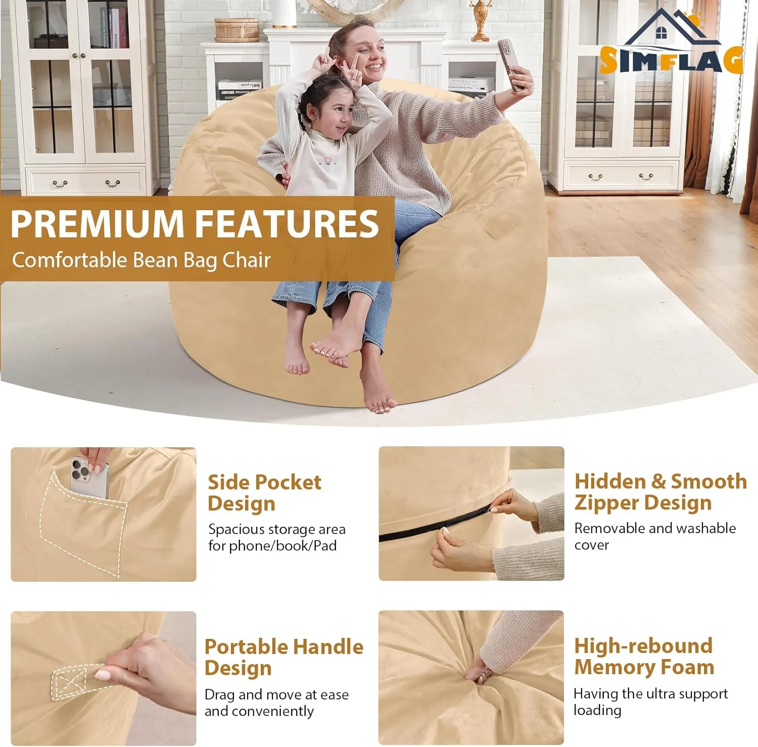 3Ft Bean Bag Chair, Memory Foam Filling Bean Bag Chairs with Velvet Cover, Removable and Machine Washable Cover, Giant Bean Bag Chair for Adult - Khaki