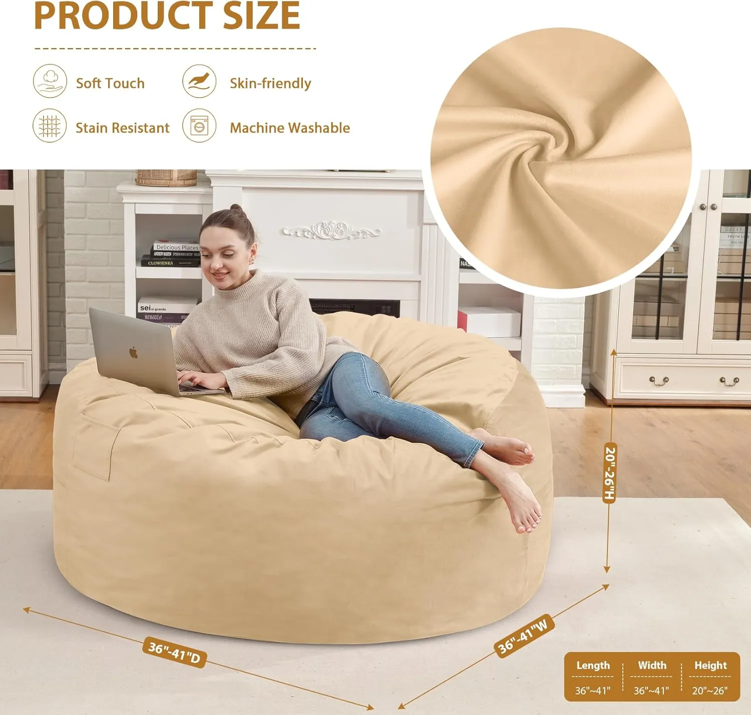 3Ft Bean Bag Chair, Memory Foam Filling Bean Bag Chairs with Velvet Cover, Removable and Machine Washable Cover, Giant Bean Bag Chair for Adult - Khaki