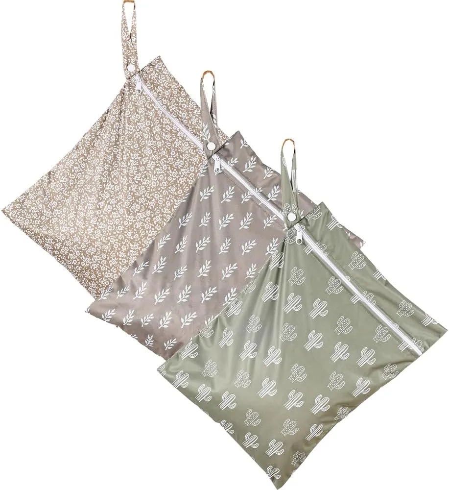 3pcs/set Wet Dry Bags for Baby Cloth Diapers - Waterproof Reusable Washable Travel Bags, Gym Bag, Pool, Daycare Soiled Baby Items Yoga Gym Bag for Swimsuits & Wet Clothes (Leaf)