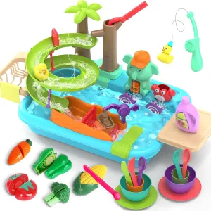 4-in-1 Play Kitchen Sink Toy Set with Running Water, Cutting Food Toys, Montessori Educational Pretend Play for Girls & Boys Ages 3 
