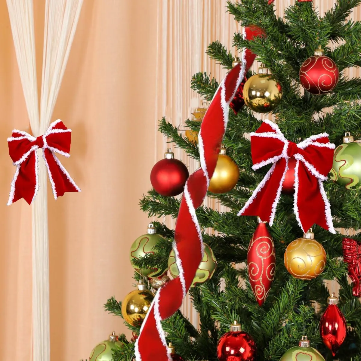 4 Rolls Christmas Ribbons Wired Velvet Ribbon Fabric Ribbon for Bows, Gift Wrapping, Wreaths, Christmas Tree Decor, Garland, Wedding Party Decoration, DIY Xmas Crafts(Green & Red, 2.5 Inch x 8 Yard)