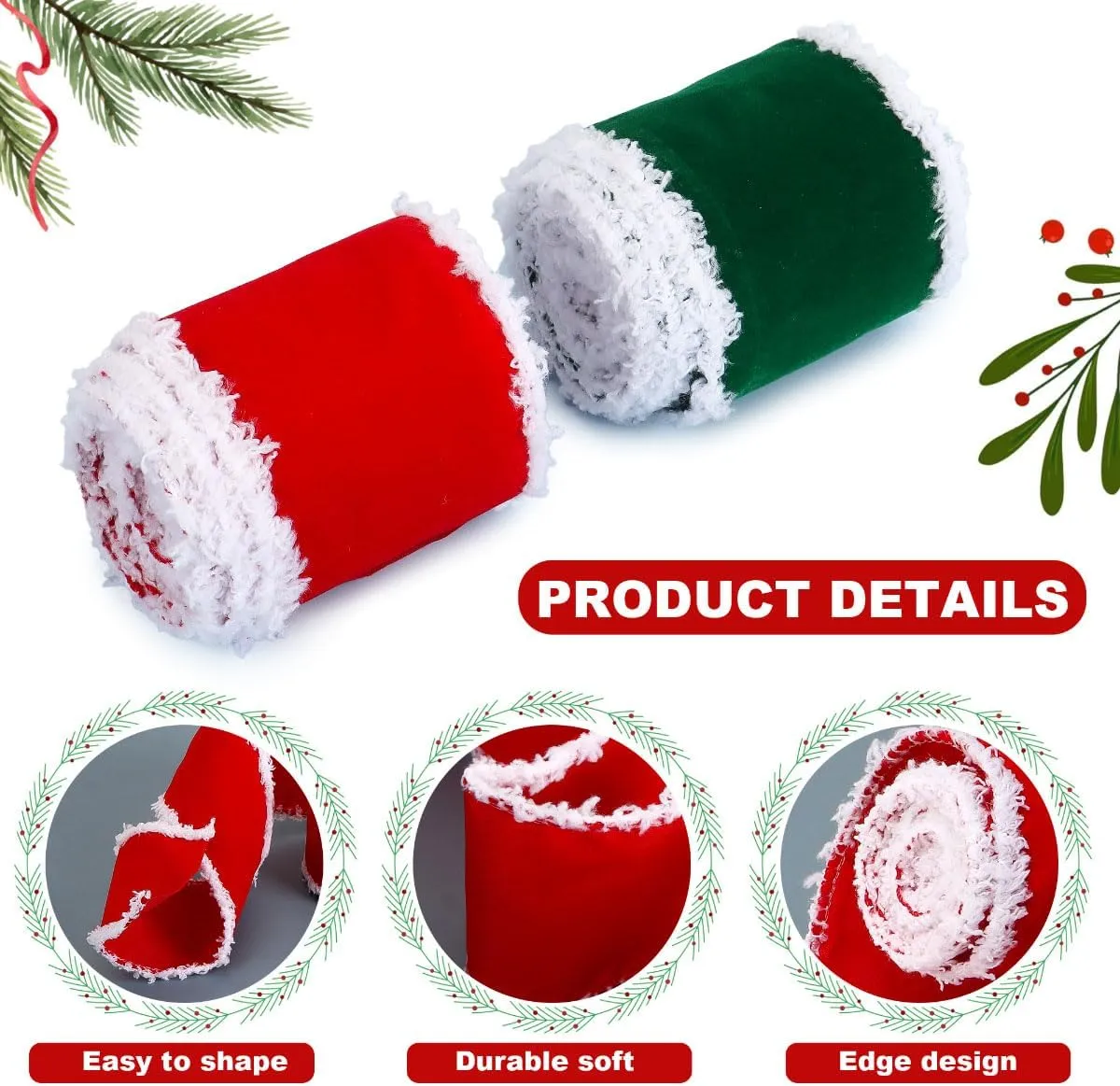 4 Rolls Christmas Ribbons Wired Velvet Ribbon Fabric Ribbon for Bows, Gift Wrapping, Wreaths, Christmas Tree Decor, Garland, Wedding Party Decoration, DIY Xmas Crafts(Green & Red, 2.5 Inch x 8 Yard)