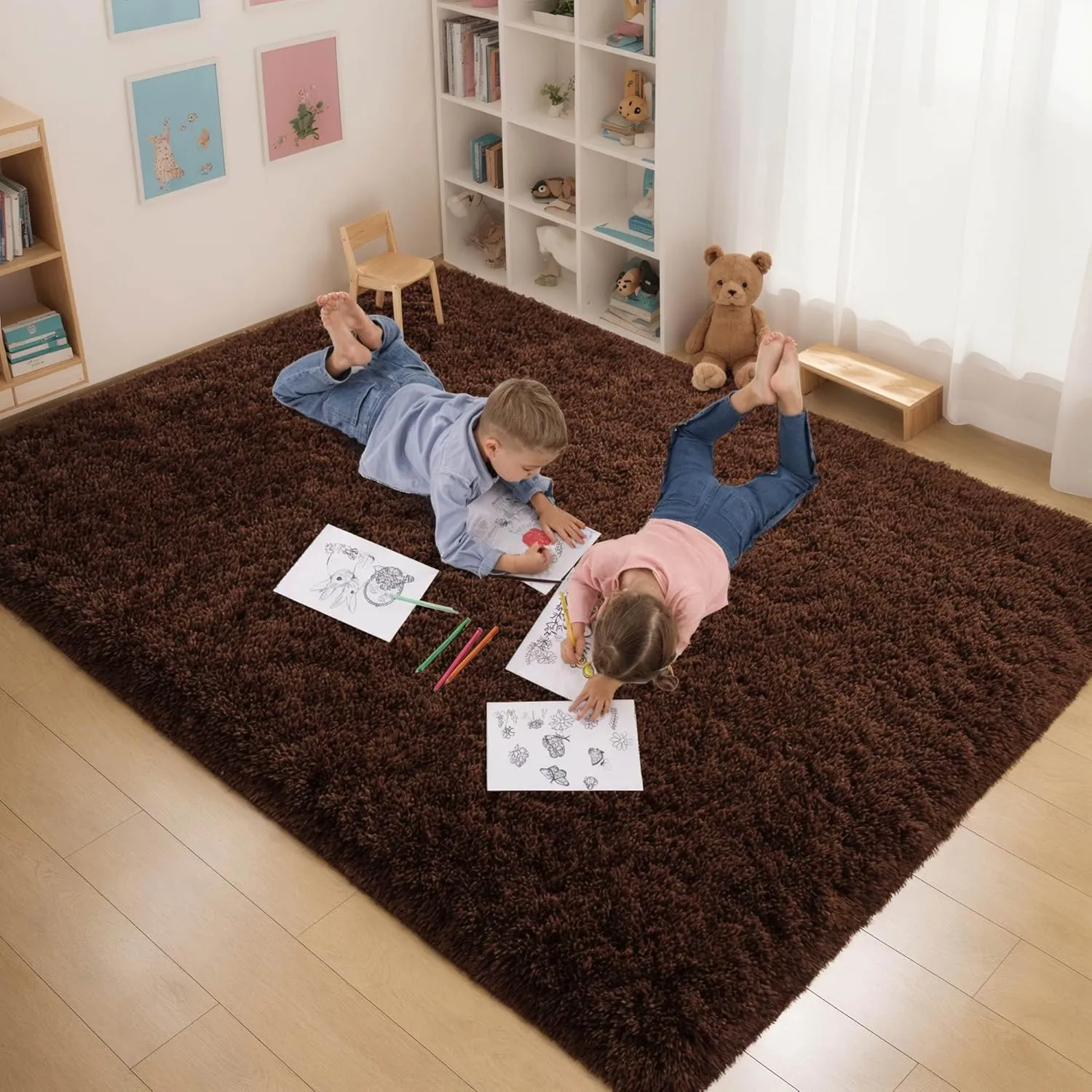 4x6 Area Rugs for Living Room Non Slip, Brown Fluffy Bedroom Machine Washable, Shaggy Carpet Classroom Kids Nursery Kids Boys Room