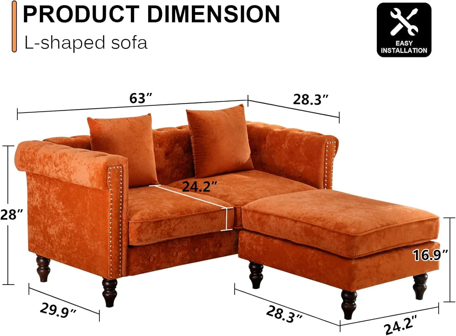 63" Loveseat Sofa Couch, Mid-Century Modern 2 Seater Tufted Upholstered Couch Chesterfield Sectional Sofa with Ottoman and 2 Pillows for Living Room (Velvet, Orange)