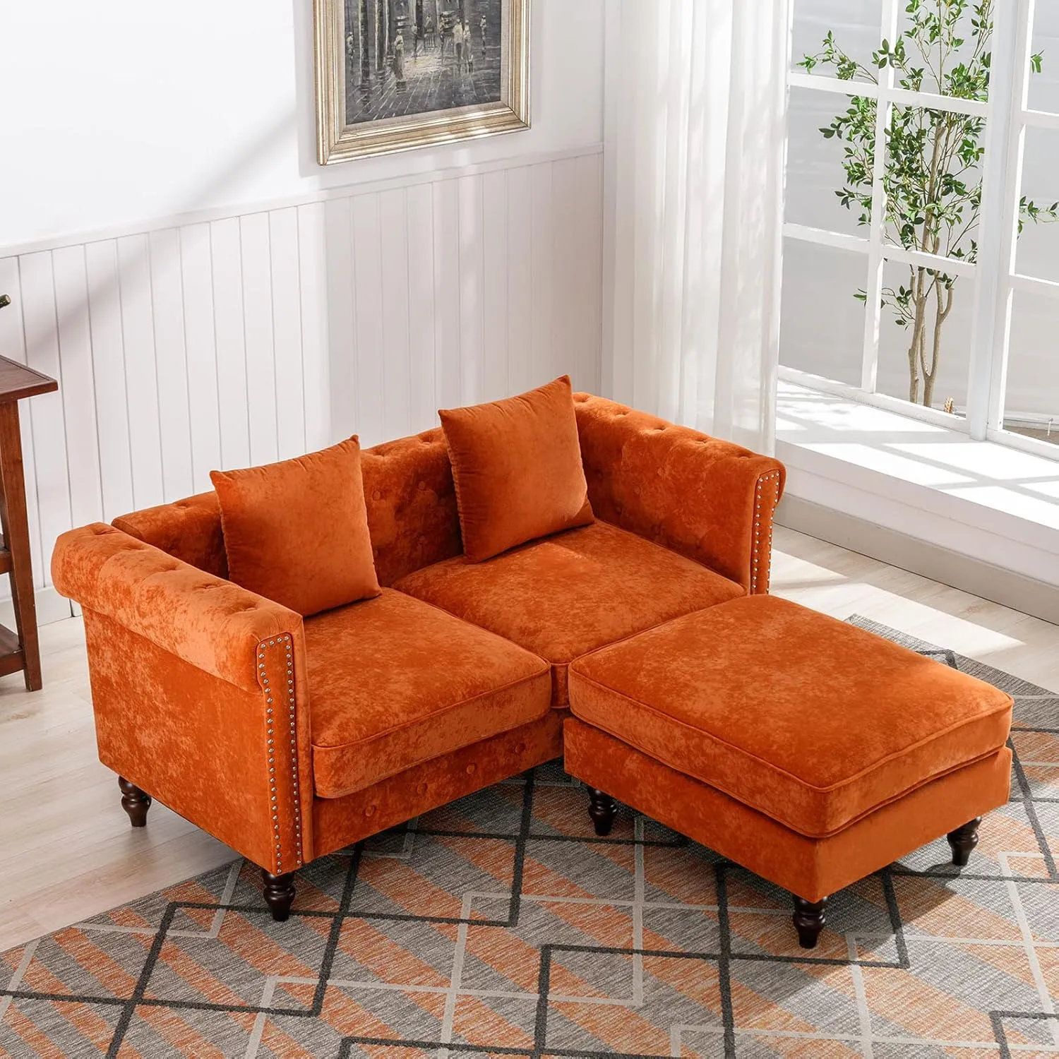 63" Loveseat Sofa Couch, Mid-Century Modern 2 Seater Tufted Upholstered Couch Chesterfield Sectional Sofa with Ottoman and 2 Pillows for Living Room (Velvet, Orange)