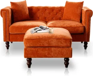 63" Loveseat Sofa Couch, Mid-Century Modern 2 Seater Tufted Upholstered Couch Chesterfield Sectional Sofa with Ottoman and 2 Pillows for Living Room (Velvet, Orange)