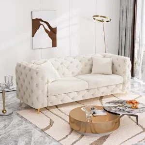 75" Sofa Couch Mid Century Modern Velvet Couch Tufted Button Sofa High Armrest & Metal Gold Legs Luxury Chesterfield Decor with 2 Piilows Comfy Loveseat for Living Room, Beige White
