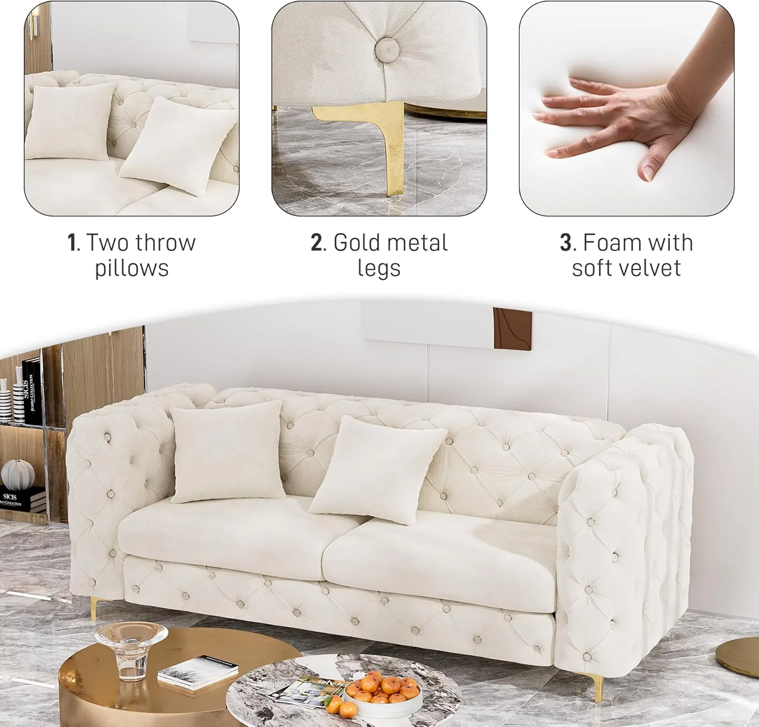 75" Sofa Couch Mid Century Modern Velvet Couch Tufted Button Sofa High Armrest & Metal Gold Legs Luxury Chesterfield Decor with 2 Piilows Comfy Loveseat for Living Room, Beige White