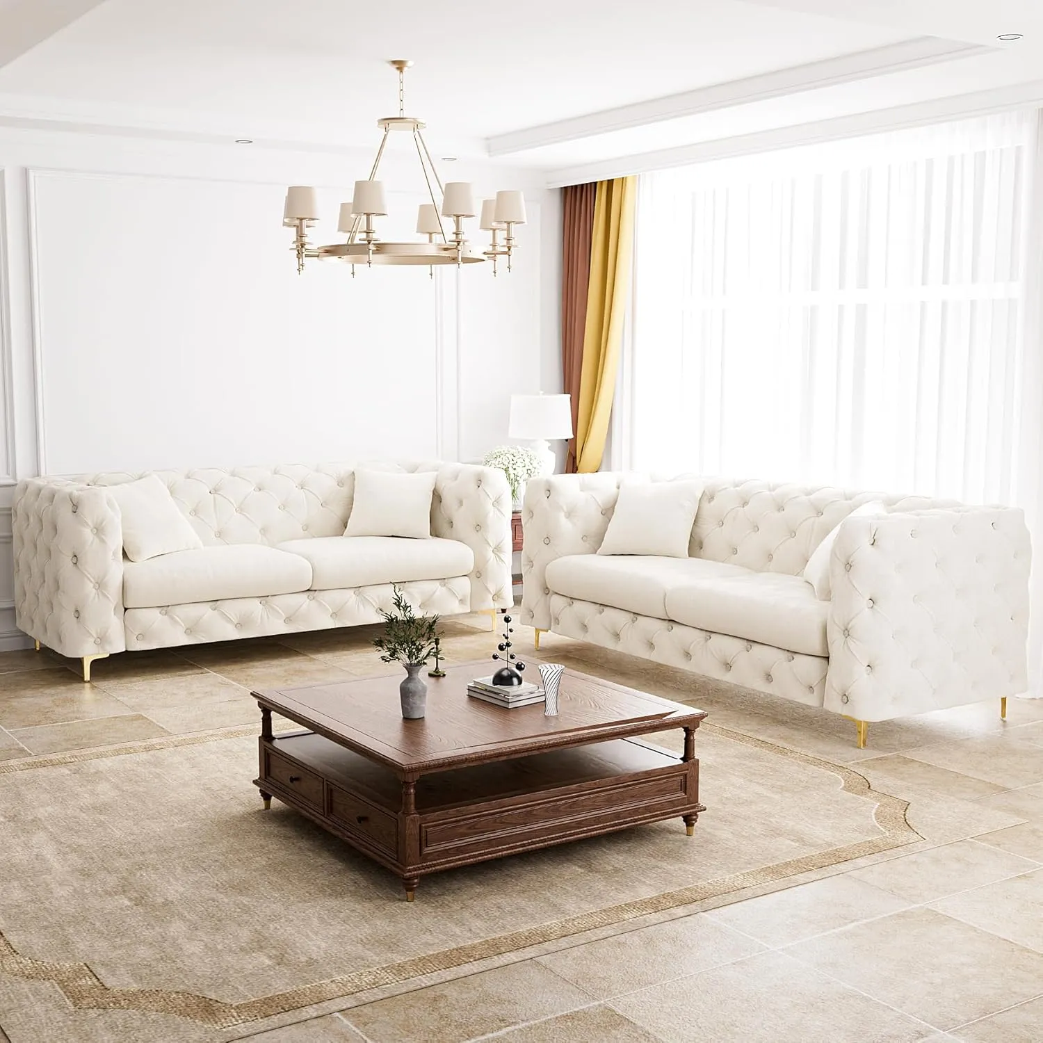 75" Sofa Couch Mid Century Modern Velvet Couch Tufted Button Sofa High Armrest & Metal Gold Legs Luxury Chesterfield Decor with 2 Piilows Comfy Loveseat for Living Room, Beige White