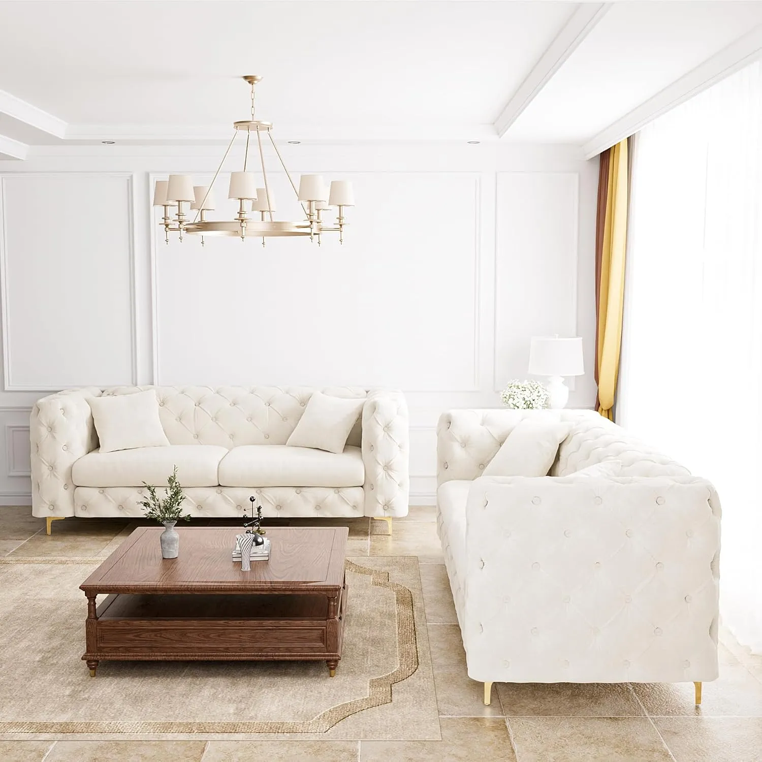 75" Sofa Couch Mid Century Modern Velvet Couch Tufted Button Sofa High Armrest & Metal Gold Legs Luxury Chesterfield Decor with 2 Piilows Comfy Loveseat for Living Room, Beige White