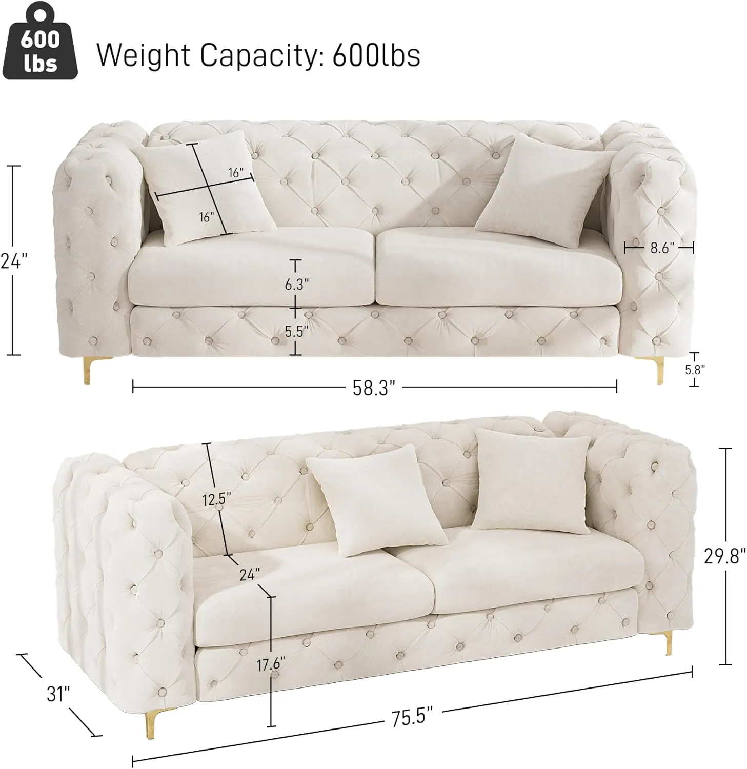 75" Sofa Couch Mid Century Modern Velvet Couch Tufted Button Sofa High Armrest & Metal Gold Legs Luxury Chesterfield Decor with 2 Piilows Comfy Loveseat for Living Room, Beige White