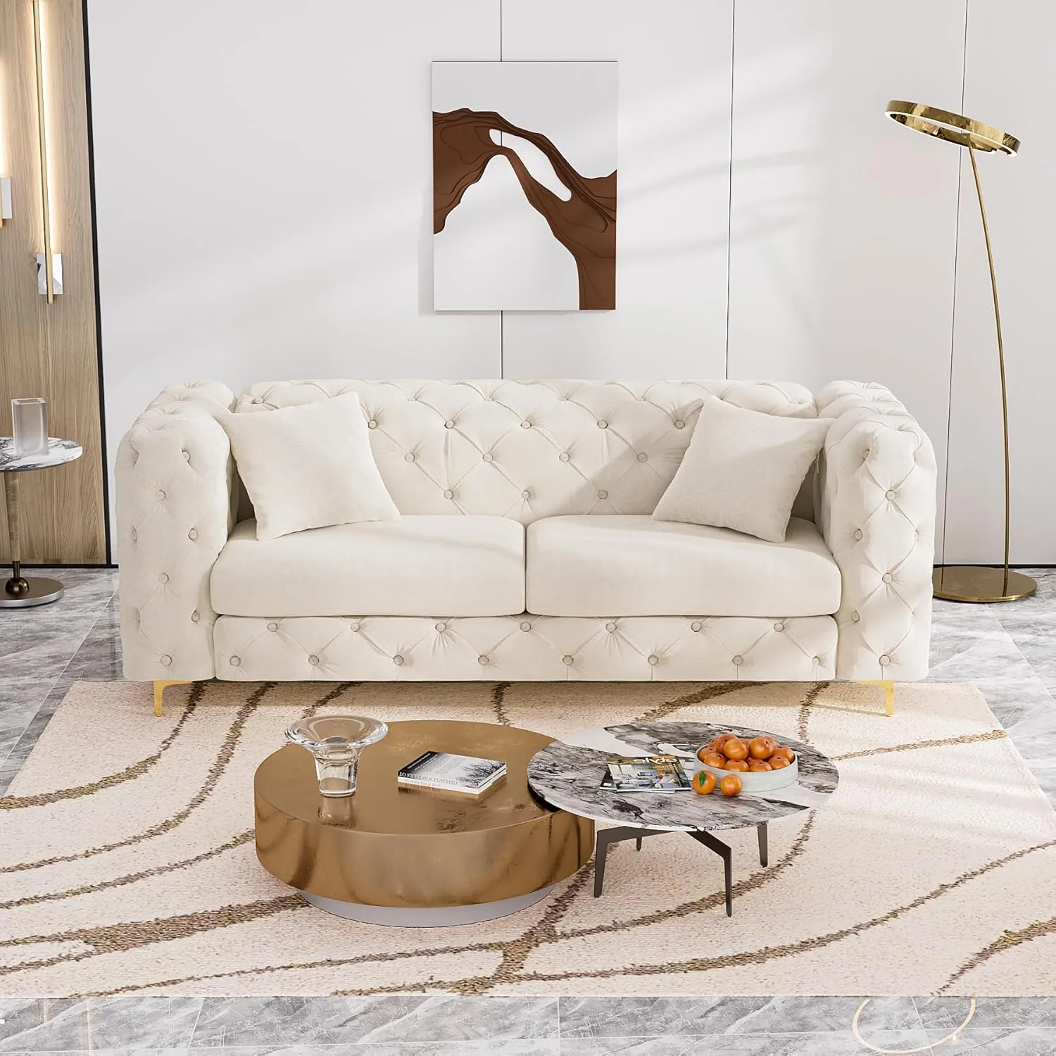 75" Sofa Couch Mid Century Modern Velvet Couch Tufted Button Sofa High Armrest & Metal Gold Legs Luxury Chesterfield Decor with 2 Piilows Comfy Loveseat for Living Room, Beige White