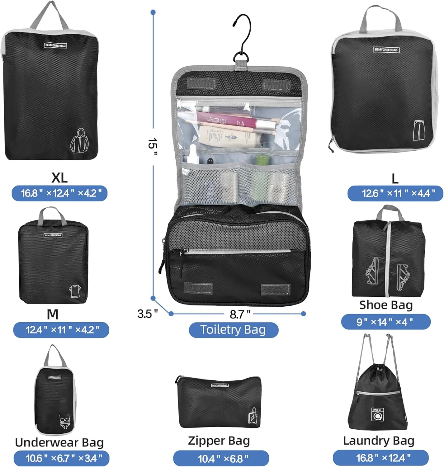 8 Set Expandable Compression Packing Cubes for Suitcases Travel Essentials Carry On Waterproof Storage Bag With Dry And Wet Separation Black