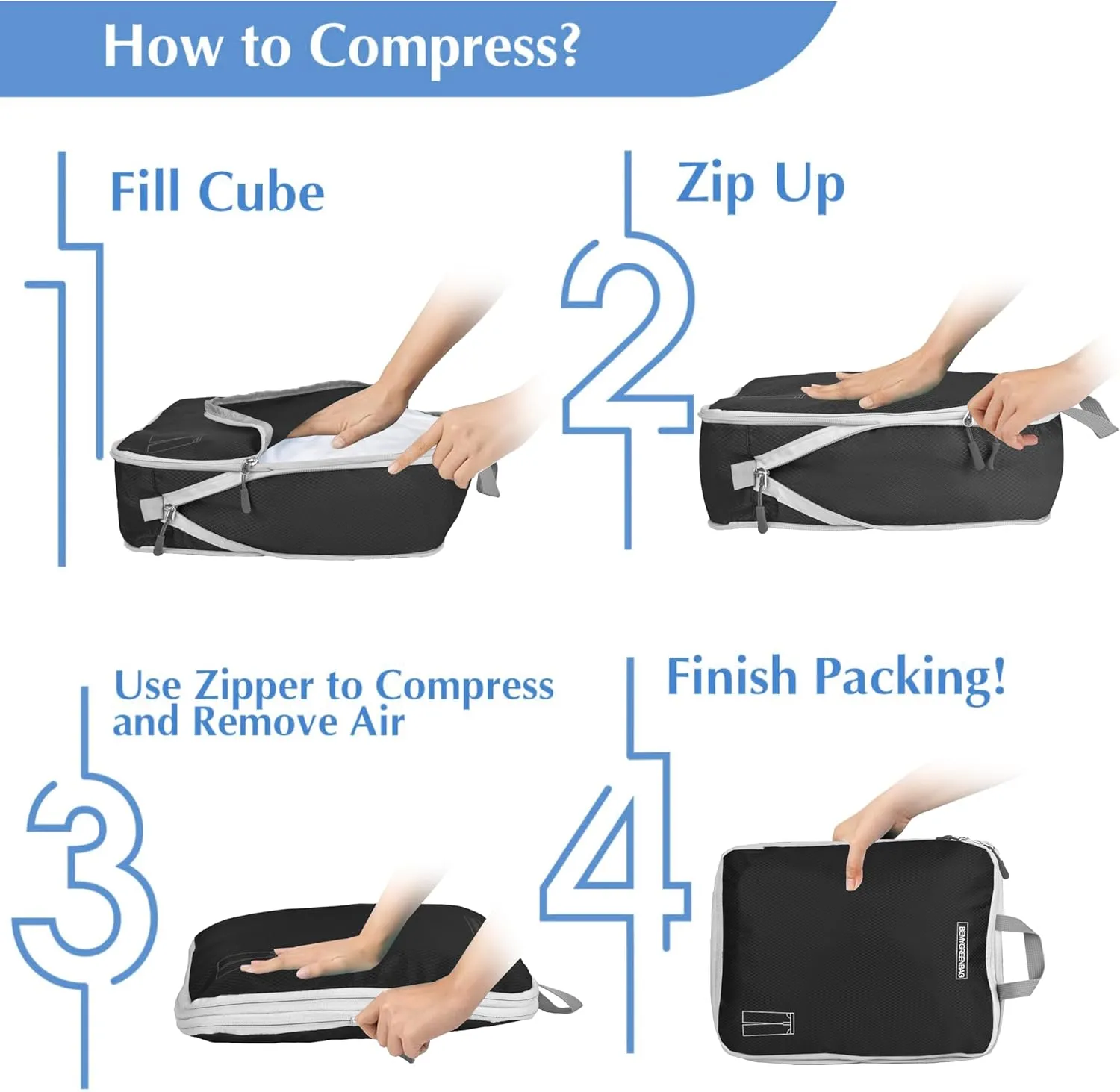 8 Set Expandable Compression Packing Cubes for Suitcases Travel Essentials Carry On Waterproof Storage Bag With Dry And Wet Separation Black