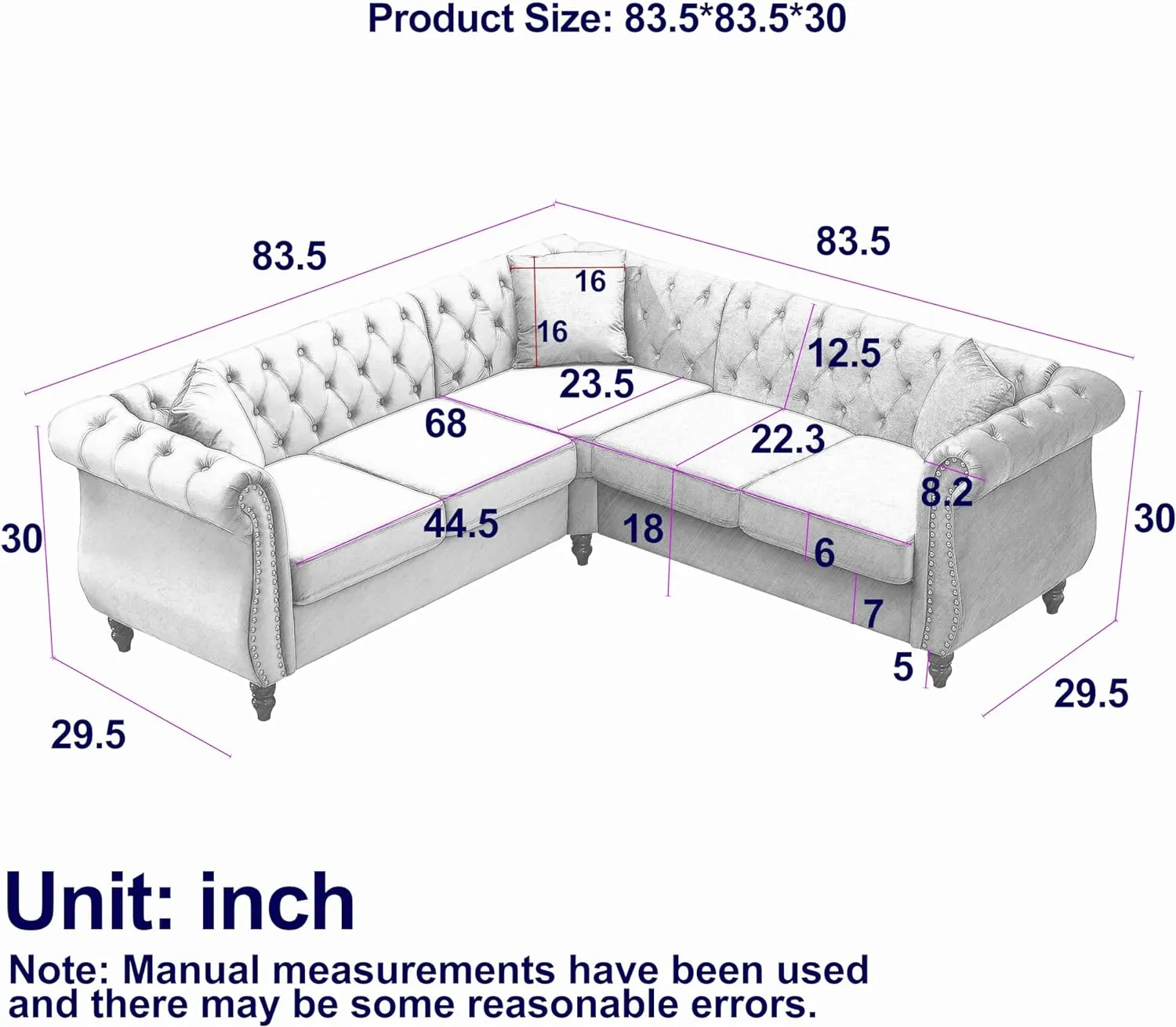 83.5-Inch Oversized Corner Sofa L-Shape Chesterfield Sofa Sectional Sofa Couch Modern 5-Seater Couch with 3 Pillows for Living Room, Apartment (Beige)