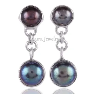 925 Sterling Silver Earrings For Women, Natural Akoya Pearl Earrings, Silver Dangle Earrings, Bezel Set Round Black Gemstone Hypoallergenic Minimalist Earrings, Mothers Day Gift