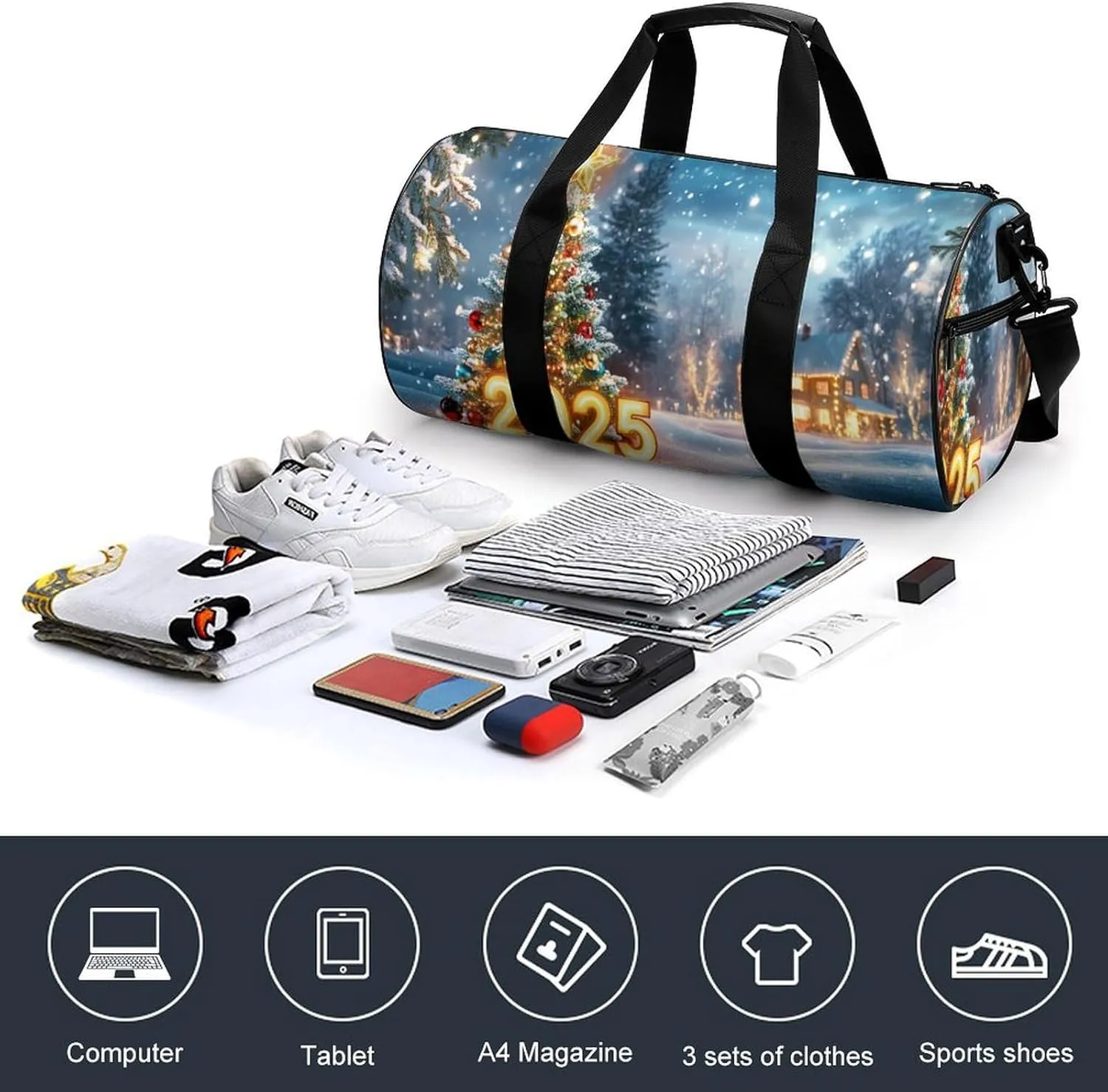 A Beautifully Decorated Christmas Tree Travel Gym Bag for Women Men 2025in Illuminated Cylindrical Duffle Bag Sport Workout Bag with Shoulder Strap