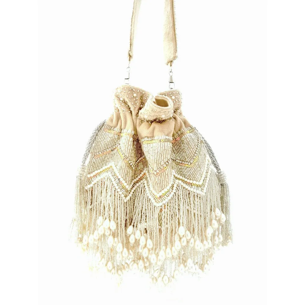A Clutch Story Beige Pearl Tassel Potli